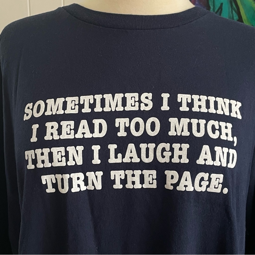 $10 SALE Read Too Much Tee Heavy Cotton Navy Dark Blue Short Sleeve Funny Humor - Picture 2 of 6